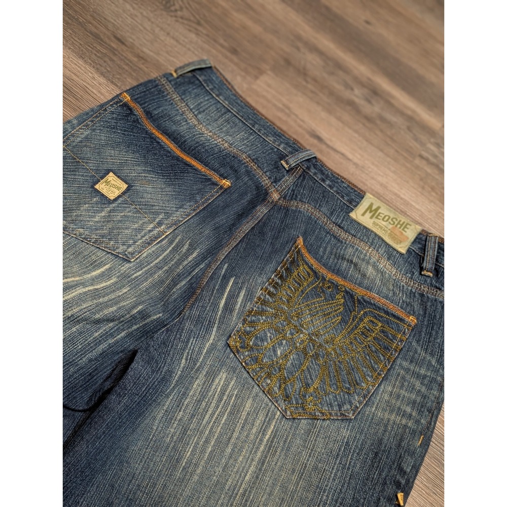 Meoshe Mens Baggy Denim Jorts Blue Embroidered Eagle Y2K Hip Hop Skater 36W